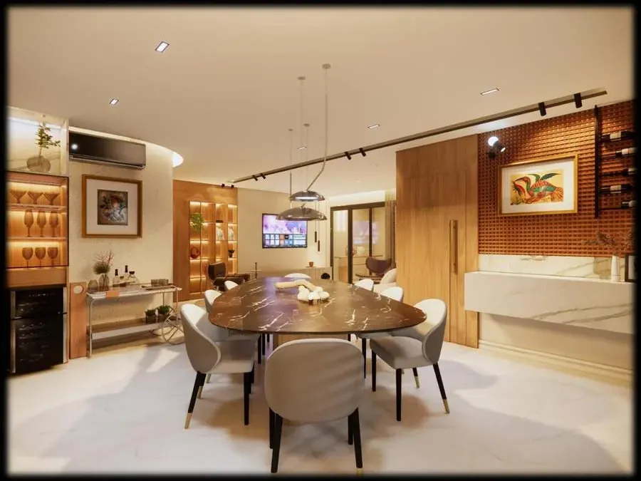 Sala de jantar com mesa oval em pedra escura e adega envidraçada
